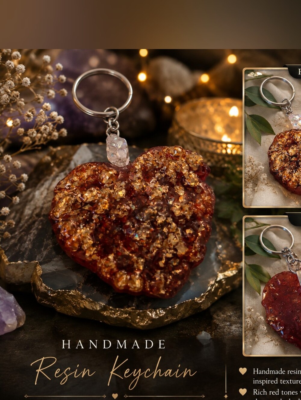 Handmade Red and Gold Heart Keychain - Resin Charm
